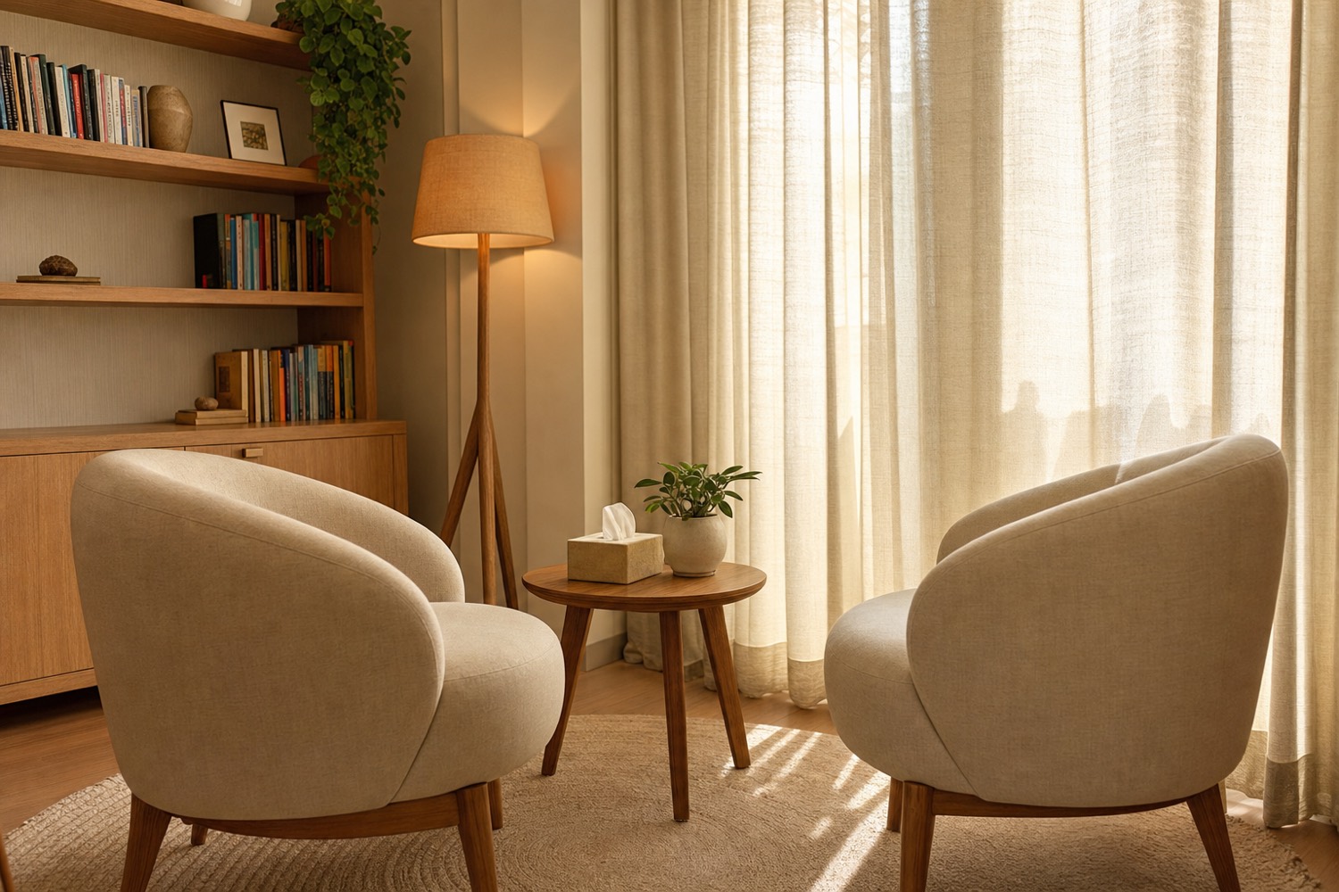 Consultório acolhedor com duas poltronas de linho e luz natural