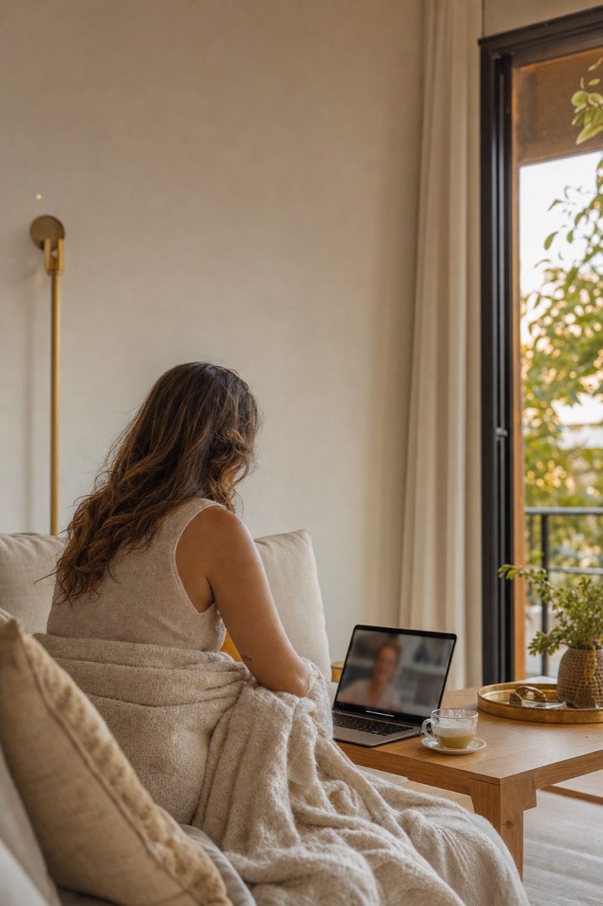 Pessoa de costas em uma sessão online, no sofá de casa, com notebook e xícara de chá